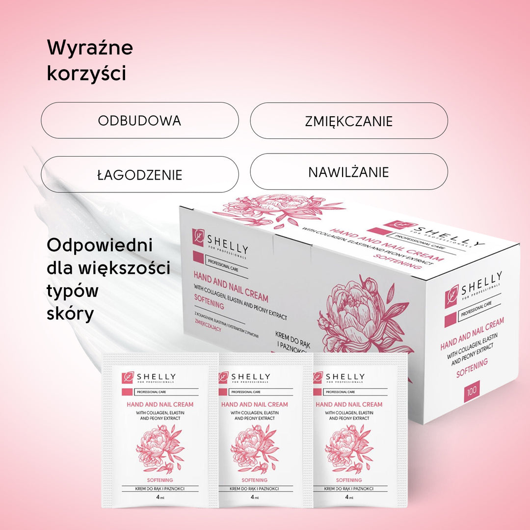 Krem do rąk i paznokci z kolagenem, elastyną i ekstraktem z piwonii Shelly - 4 ml x 100 szt.