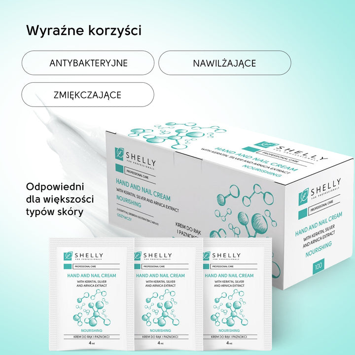 Krem do rąk i paznokci z keratyną, srebrem i wyciągiem z arniki Shelly 4 ml x 100 szt.